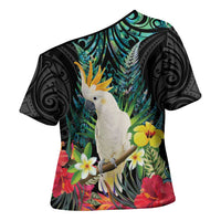 Sulphur-crested Cockatoo New Zealand Cross Shoulder Shirt Paua Shell Aotearoa Maori Tropical Flowers - Polynesian Pride