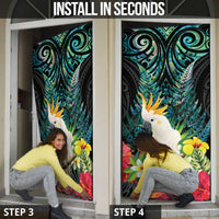 Sulphur-crested Cockatoo New Zealand Door Cover Paua Shell Aotearoa Maori Tropical Flowers - Polynesian Pride