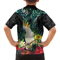 Sulphur-crested Cockatoo New Zealand Family Matching Long Sleeve Bodycon Dress and Hawaiian Shirt Paua Shell Aotearoa Maori Tropical Flowers - Polynesian Pride