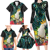 Sulphur-crested Cockatoo New Zealand Family Matching Long Sleeve Bodycon Dress and Hawaiian Shirt Paua Shell Aotearoa Maori Tropical Flowers - Polynesian Pride