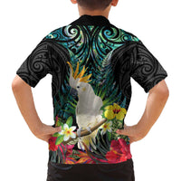 Sulphur-crested Cockatoo New Zealand Family Matching Off The Shoulder Long Sleeve Dress and Hawaiian Shirt Paua Shell Aotearoa Maori Tropical Flowers - Polynesian Pride