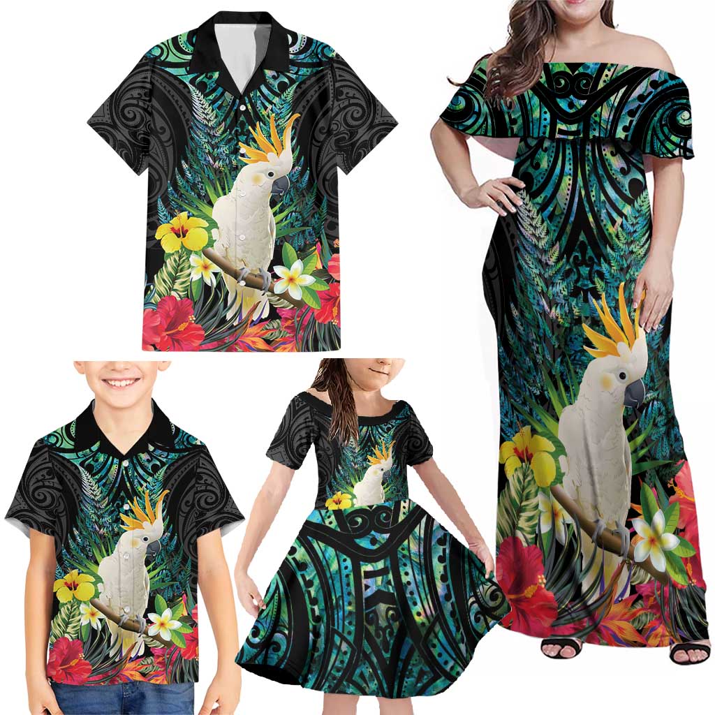 Sulphur-crested Cockatoo New Zealand Family Matching Off Shoulder Maxi Dress and Hawaiian Shirt Paua Shell Aotearoa Maori Tropical Flowers - Polynesian Pride