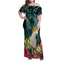 Sulphur-crested Cockatoo New Zealand Family Matching Off Shoulder Maxi Dress and Hawaiian Shirt Paua Shell Aotearoa Maori Tropical Flowers - Polynesian Pride