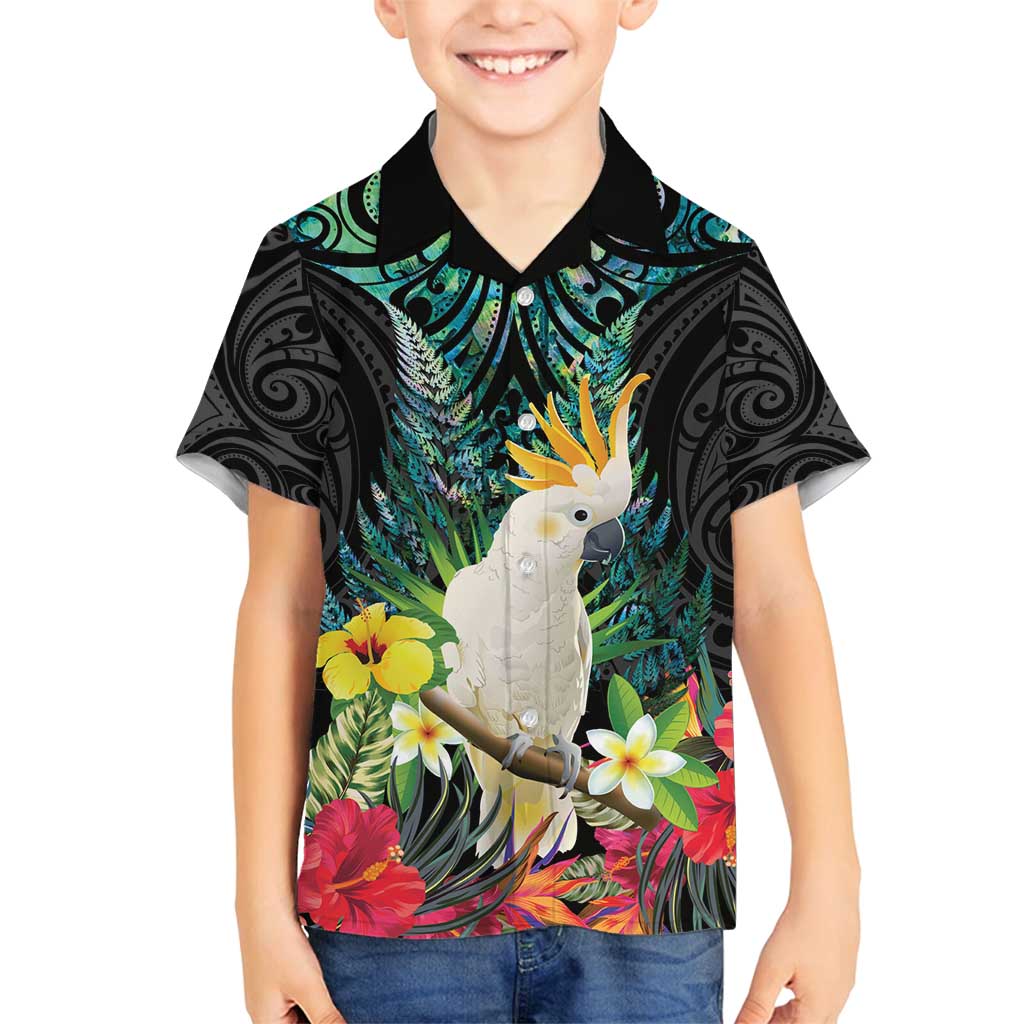 Sulphur-crested Cockatoo New Zealand Family Matching Off Shoulder Maxi Dress and Hawaiian Shirt Paua Shell Aotearoa Maori Tropical Flowers - Polynesian Pride