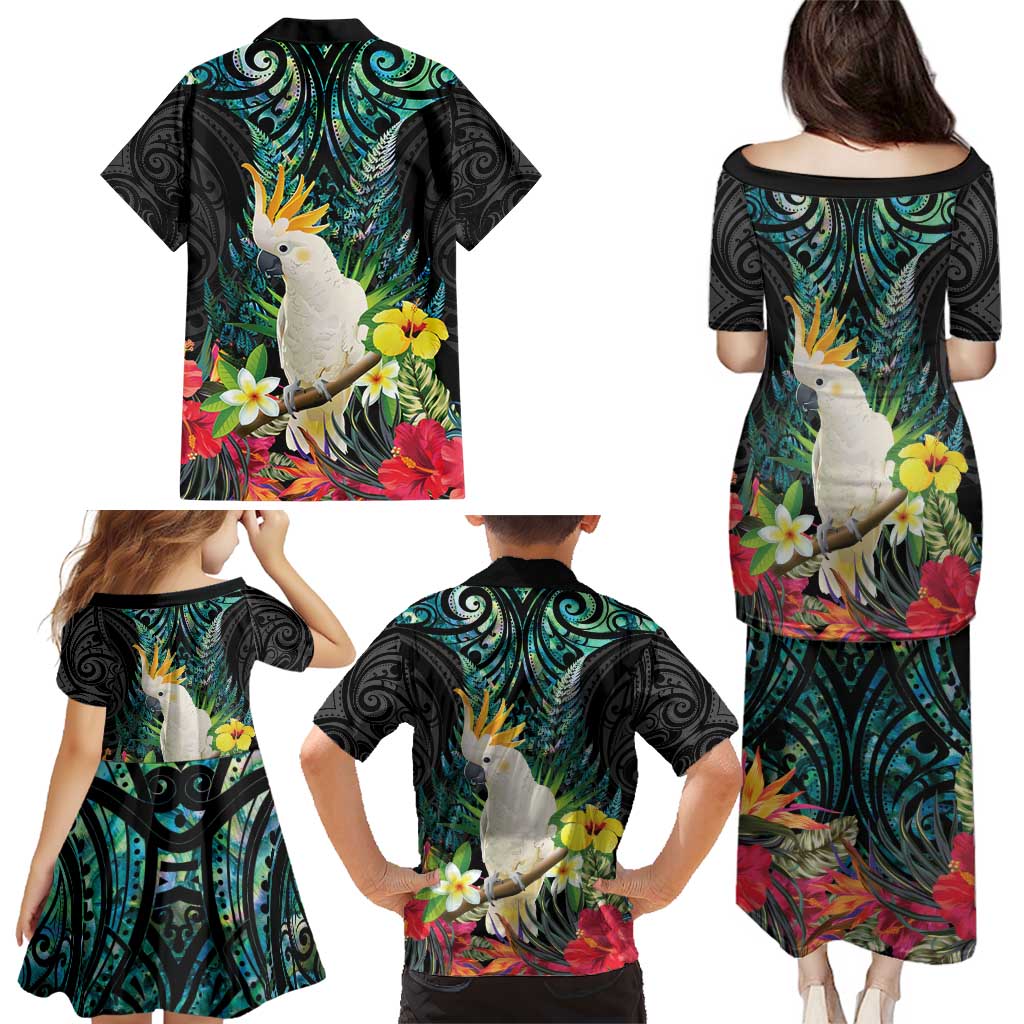 Sulphur-crested Cockatoo New Zealand Family Matching Puletasi and Hawaiian Shirt Paua Shell Aotearoa Maori Tropical Flowers - Polynesian Pride