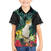 Sulphur-crested Cockatoo New Zealand Family Matching Short Sleeve Bodycon Dress and Hawaiian Shirt Paua Shell Aotearoa Maori Tropical Flowers - Polynesian Pride