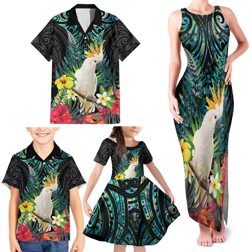 Sulphur-crested Cockatoo New Zealand Family Matching Tank Maxi Dress and Hawaiian Shirt Paua Shell Aotearoa Maori Tropical Flowers - Polynesian Pride