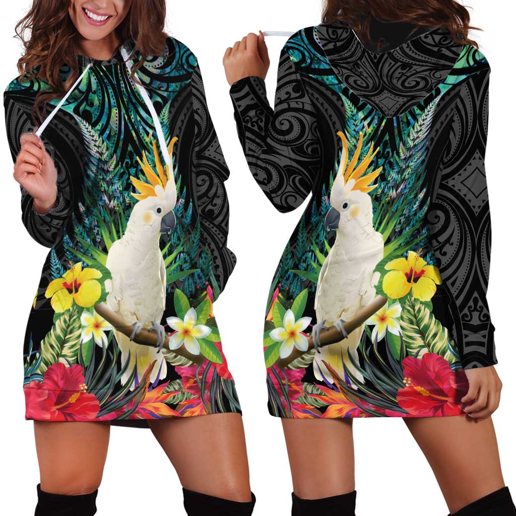 Sulphur-crested Cockatoo New Zealand Hoodie Dress Paua Shell Aotearoa Maori Tropical Flowers - Polynesian Pride
