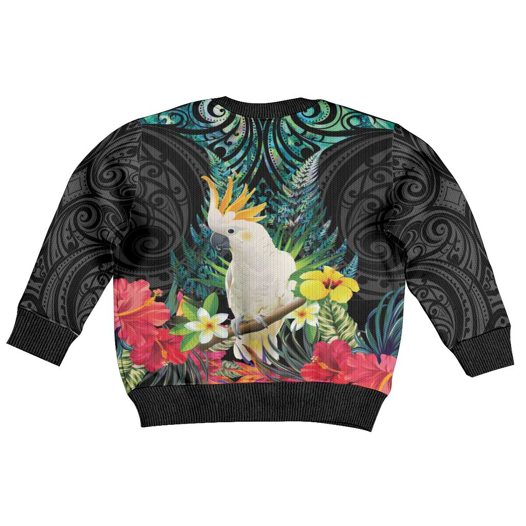 Sulphur-crested Cockatoo New Zealand Kid Ugly Christmas Sweater Paua Shell Aotearoa Maori Tropical Flowers - Polynesian Pride