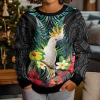 Sulphur-crested Cockatoo New Zealand Kid Ugly Christmas Sweater Paua Shell Aotearoa Maori Tropical Flowers - Polynesian Pride