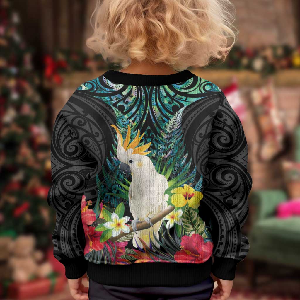Sulphur-crested Cockatoo New Zealand Kid Ugly Christmas Sweater Paua Shell Aotearoa Maori Tropical Flowers - Polynesian Pride
