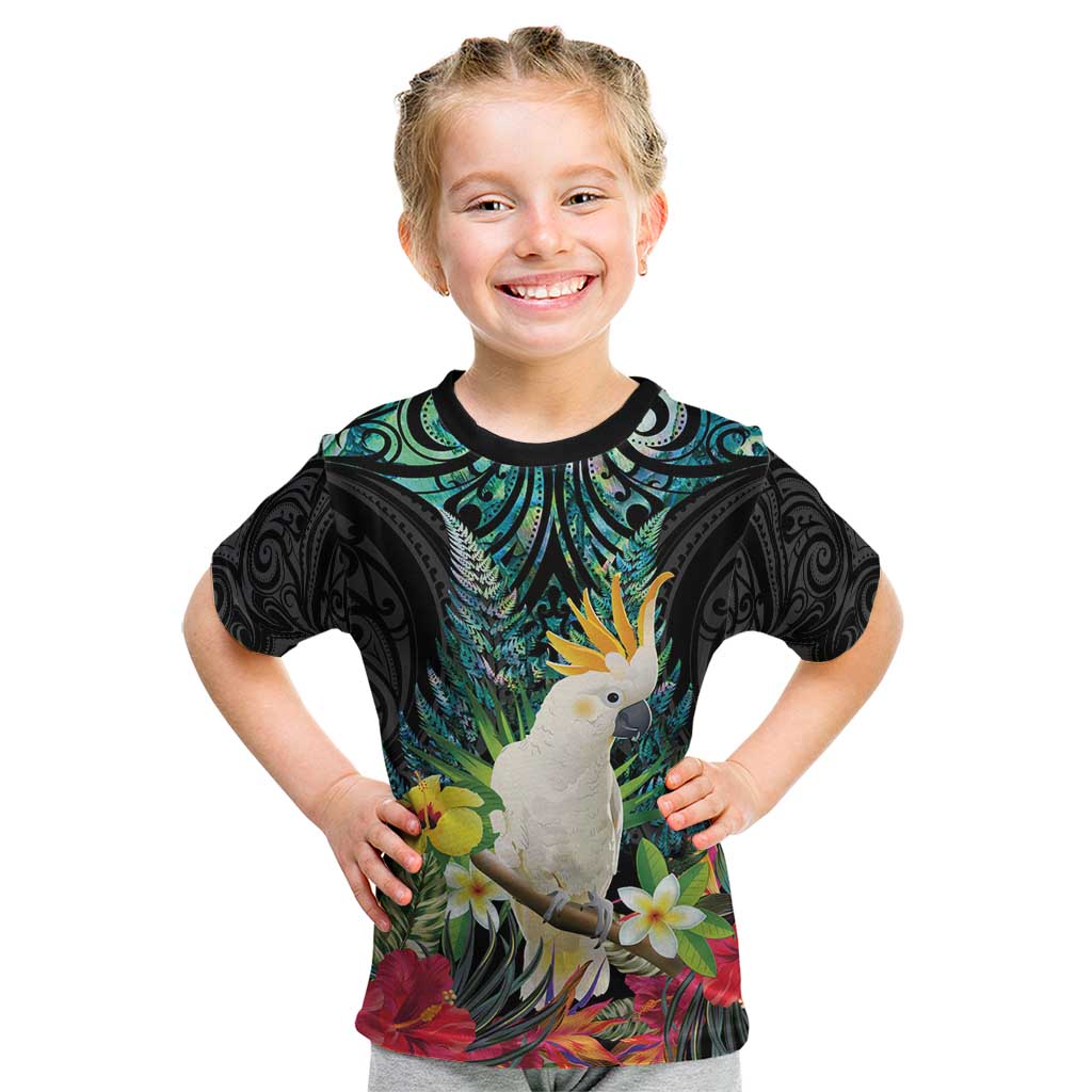 Sulphur-crested Cockatoo New Zealand Kid T Shirt Paua Shell Aotearoa Maori Tropical Flowers - Polynesian Pride