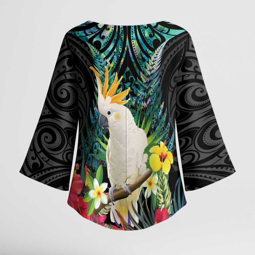 Sulphur-crested Cockatoo New Zealand Kimono Sleeve Blouse Paua Shell Aotearoa Maori Tropical Flowers - Polynesian Pride