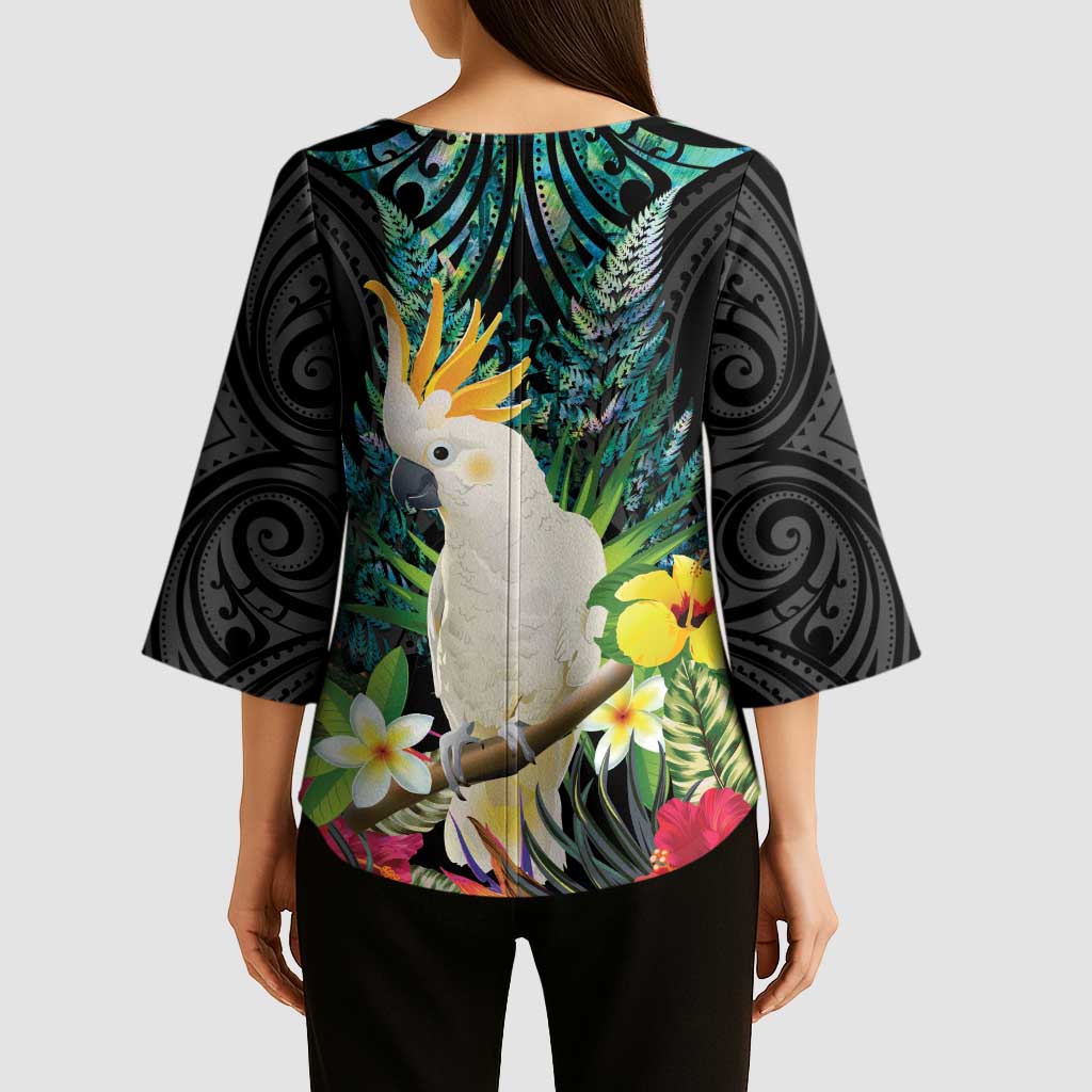 Sulphur-crested Cockatoo New Zealand Kimono Sleeve Blouse Paua Shell Aotearoa Maori Tropical Flowers - Polynesian Pride