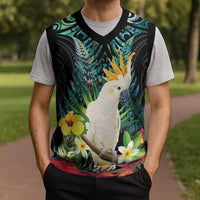 Sulphur-crested Cockatoo New Zealand Christmas Knitted V-Neck Vest Paua Shell Aotearoa Maori Tropical Flowers - Polynesian Pride