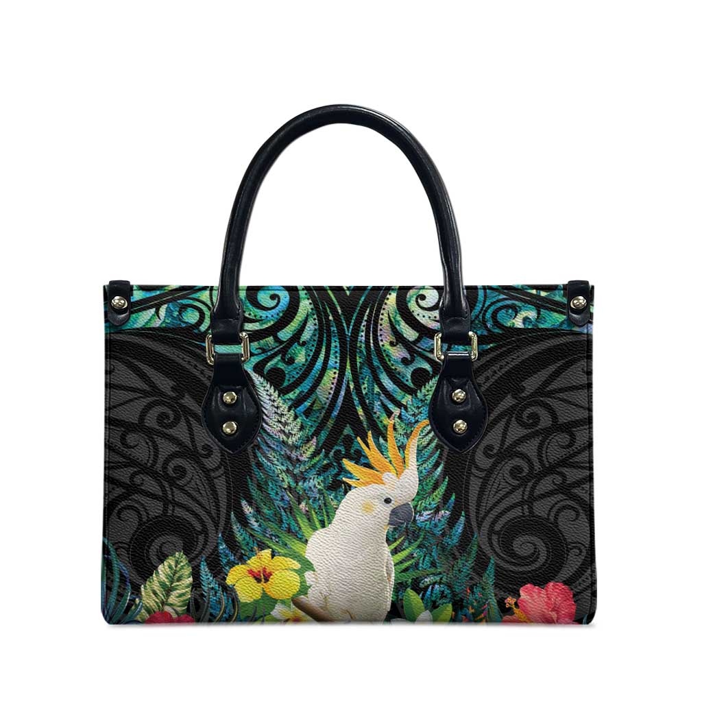 Sulphur-crested Cockatoo New Zealand Leather Bag Paua Shell Aotearoa Maori Tropical Flowers - Polynesian Pride