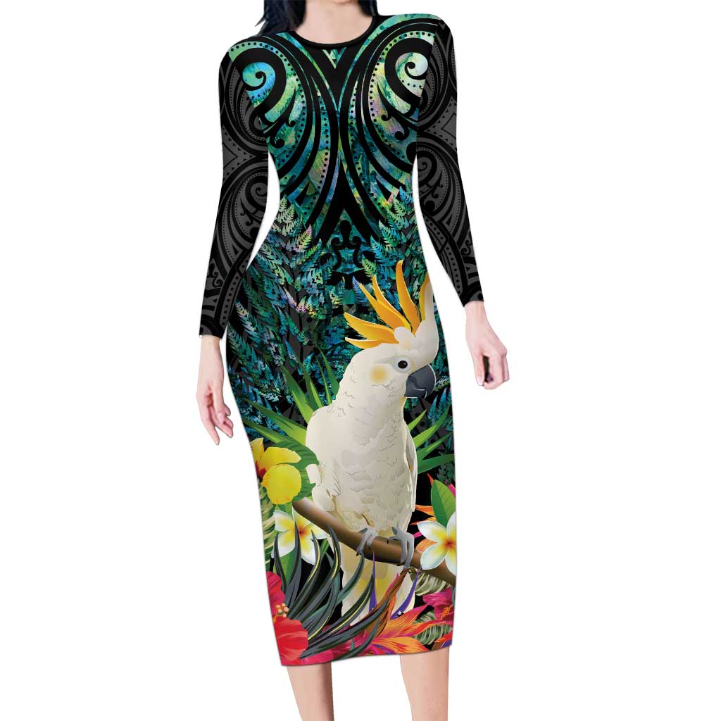 Sulphur-crested Cockatoo New Zealand Long Sleeve Bodycon Dress Paua Shell Aotearoa Maori Tropical Flowers - Polynesian Pride