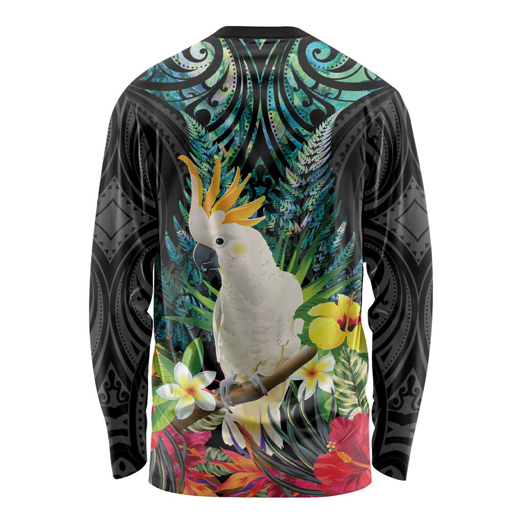 Sulphur-crested Cockatoo New Zealand Long Sleeve Shirt Paua Shell Aotearoa Maori Tropical Flowers - Polynesian Pride