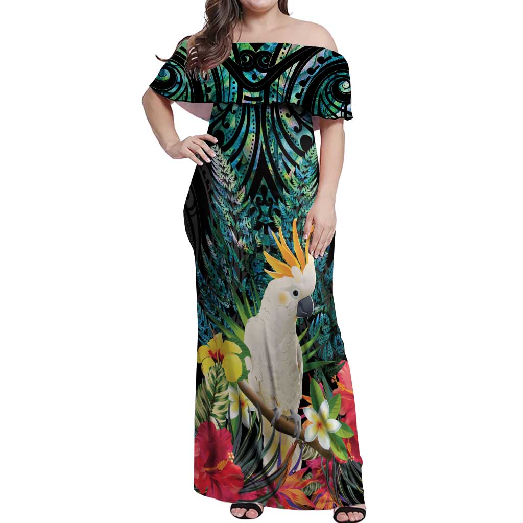 Sulphur-crested Cockatoo New Zealand Off Shoulder Maxi Dress Paua Shell Aotearoa Maori Tropical Flowers - Polynesian Pride