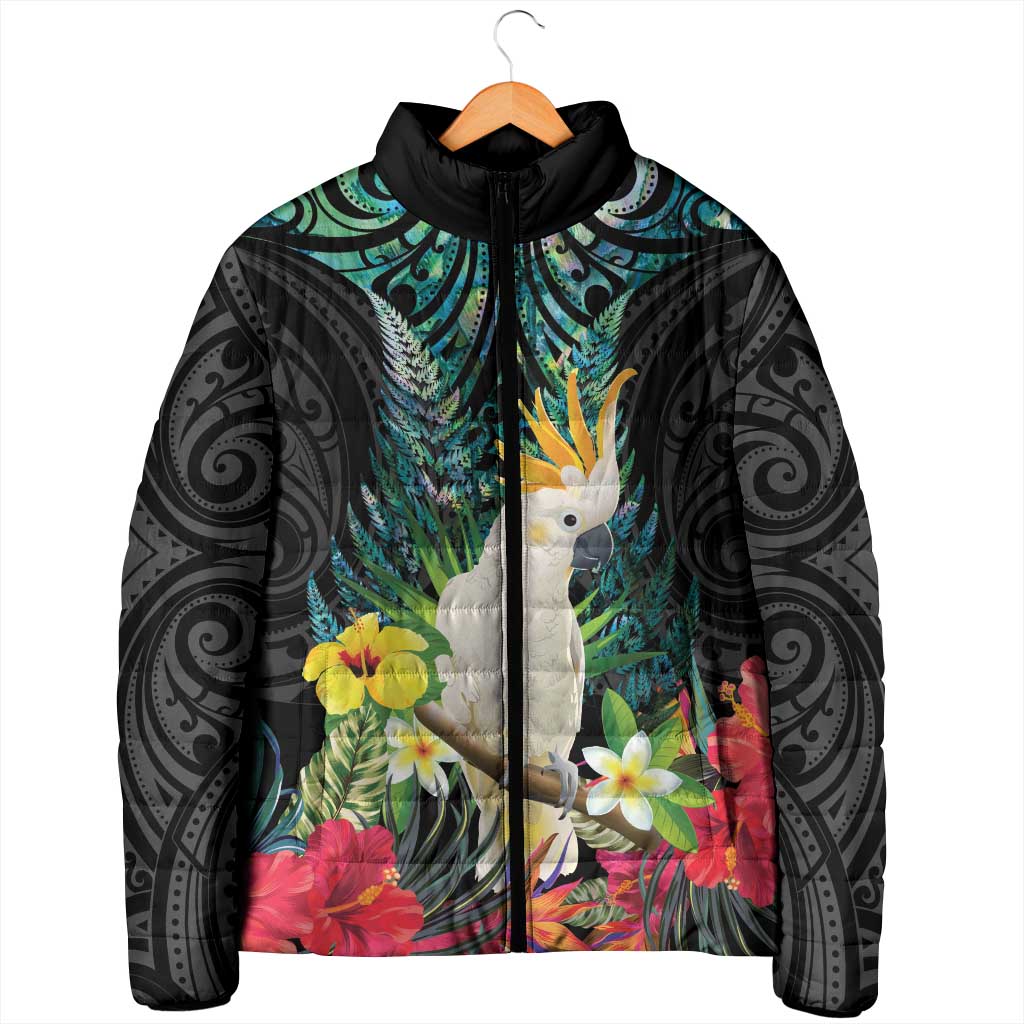 Sulphur-crested Cockatoo New Zealand Padded Jacket Paua Shell Aotearoa Maori Tropical Flowers - Polynesian Pride