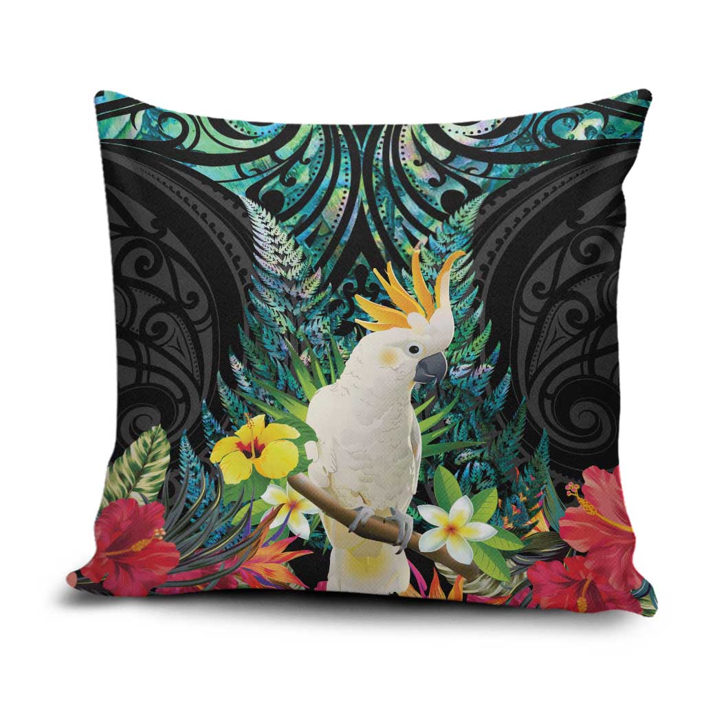Sulphur-crested Cockatoo New Zealand Pillow Cover Paua Shell Aotearoa Maori Tropical Flowers - Polynesian Pride
