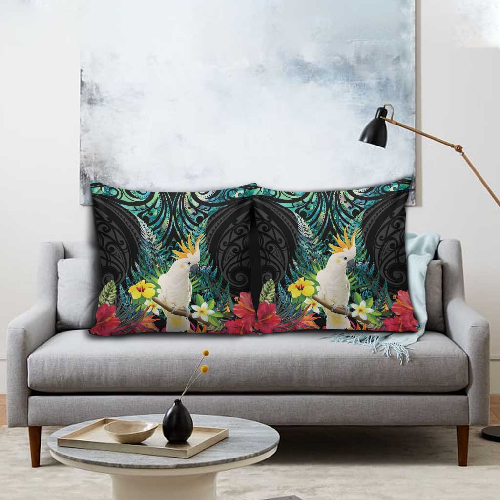 Sulphur-crested Cockatoo New Zealand Pillow Cover Paua Shell Aotearoa Maori Tropical Flowers - Polynesian Pride