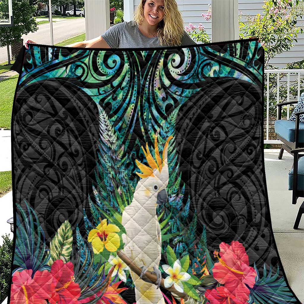 Sulphur-crested Cockatoo New Zealand Quilt Paua Shell Aotearoa Maori Tropical Flowers - Polynesian Pride