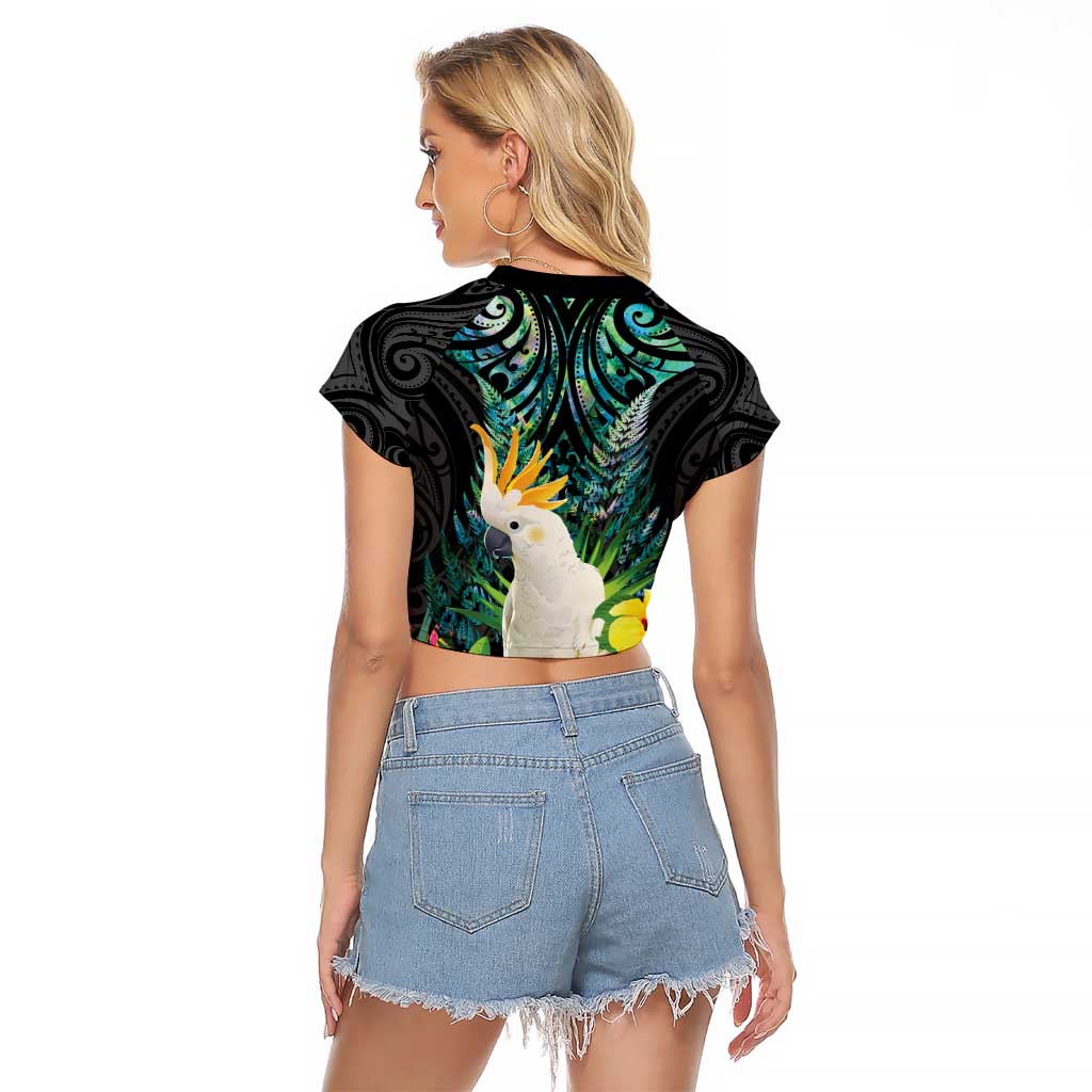 Sulphur-crested Cockatoo New Zealand Raglan Cropped T Shirt Paua Shell Aotearoa Maori Tropical Flowers - Polynesian Pride