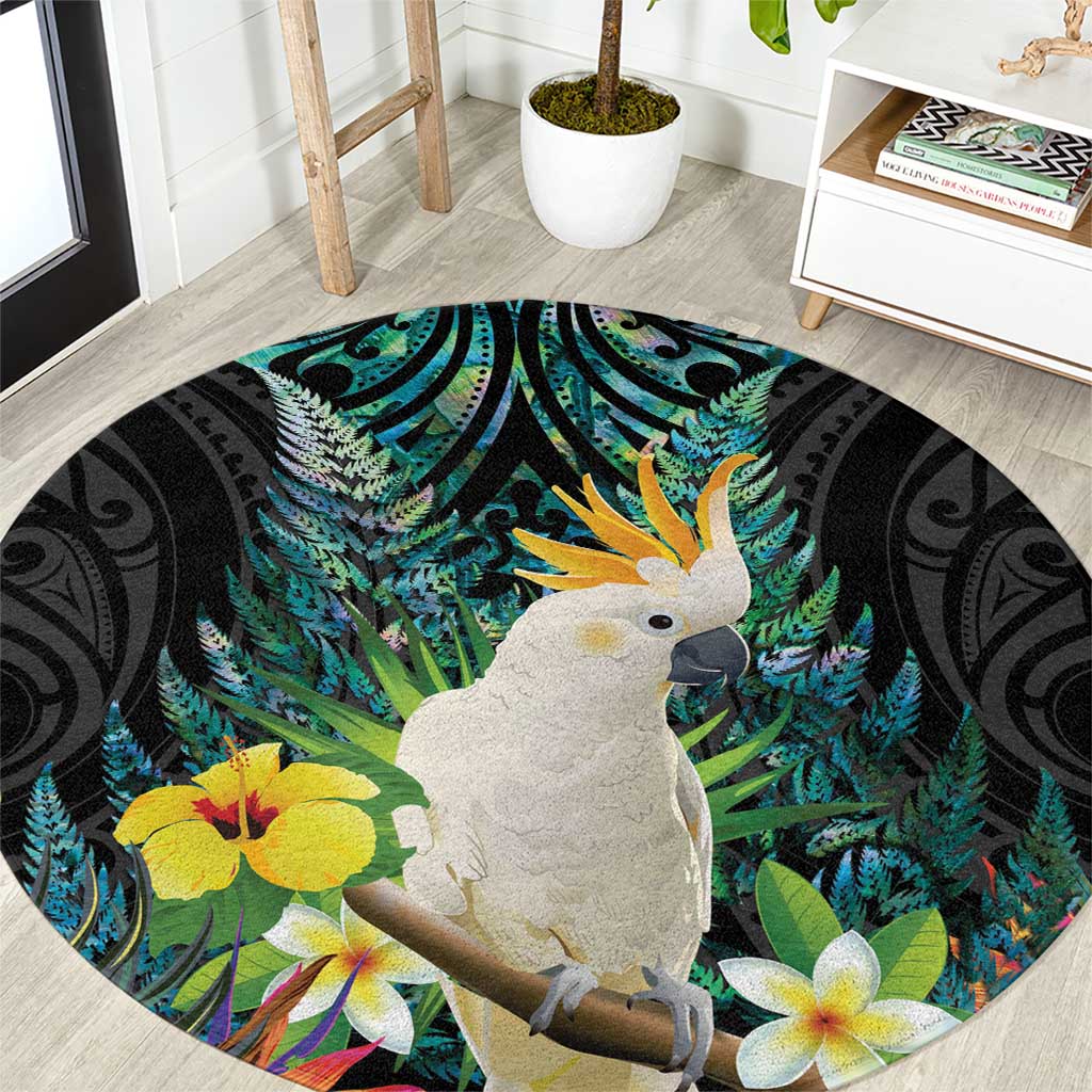 Sulphur-crested Cockatoo New Zealand Round Carpet Paua Shell Aotearoa Maori Tropical Flowers - Polynesian Pride