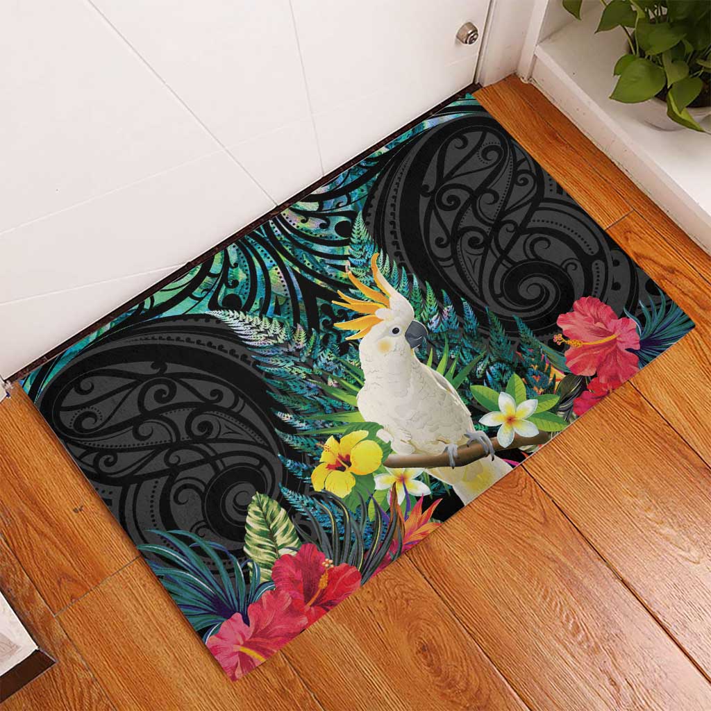 Sulphur-crested Cockatoo New Zealand Rubber Doormat Paua Shell Aotearoa Maori Tropical Flowers - Polynesian Pride