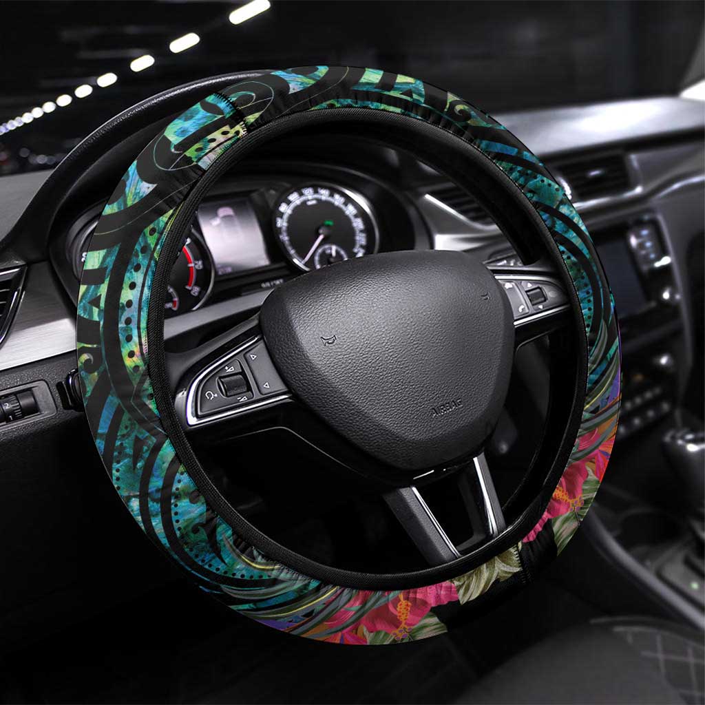 Sulphur-crested Cockatoo New Zealand Steering Wheel Cover Paua Shell Aotearoa Maori Tropical Flowers - Polynesian Pride