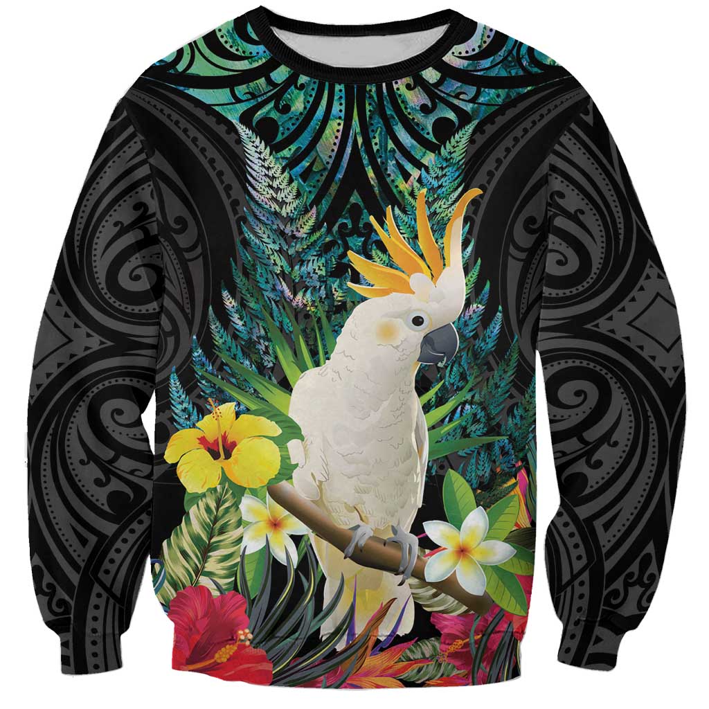 Sulphur-crested Cockatoo New Zealand Sweatshirt Paua Shell Aotearoa Maori Tropical Flowers - Polynesian Pride