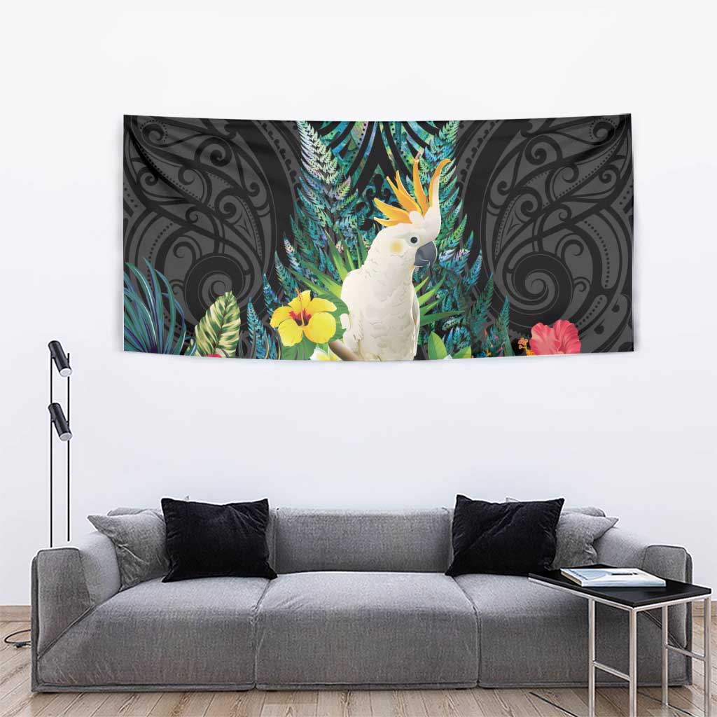 Sulphur-crested Cockatoo New Zealand Tapestry Paua Shell Aotearoa Maori Tropical Flowers - Polynesian Pride