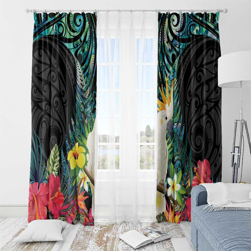 Sulphur-crested Cockatoo New Zealand Window Curtain Paua Shell Aotearoa Maori Tropical Flowers - Polynesian Pride