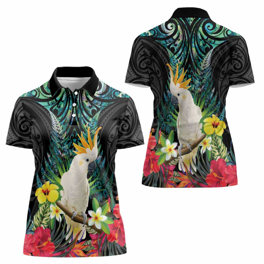 Sulphur-crested Cockatoo New Zealand Women Polo Shirt Paua Shell Aotearoa Maori Tropical Flowers - Polynesian Pride