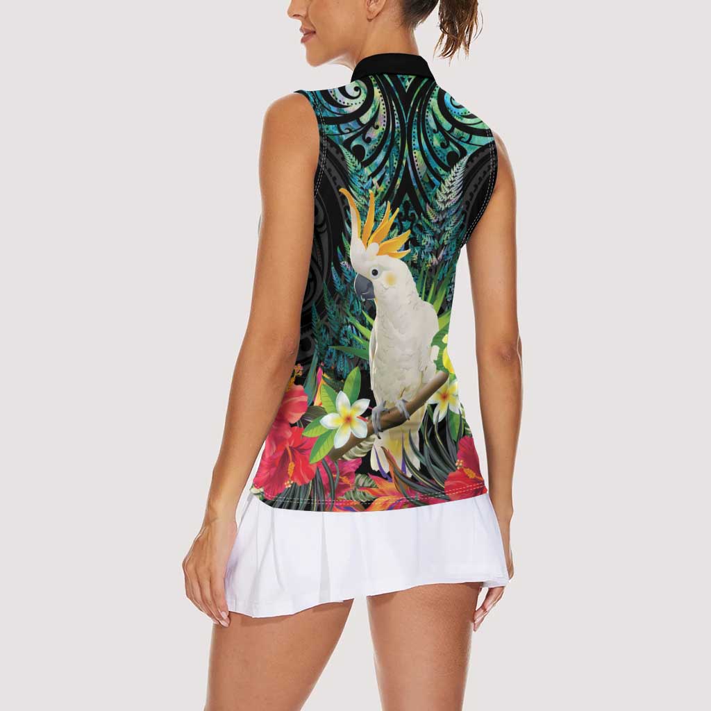 Sulphur-crested Cockatoo New Zealand Women Sleeveless Polo Shirt Paua Shell Aotearoa Maori Tropical Flowers - Polynesian Pride