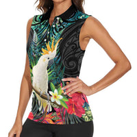 Sulphur-crested Cockatoo New Zealand Women Sleeveless Polo Shirt Paua Shell Aotearoa Maori Tropical Flowers - Polynesian Pride