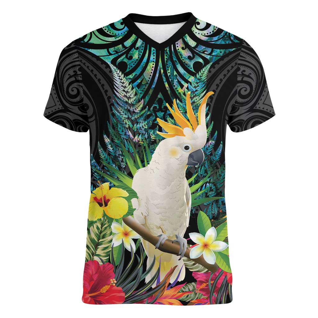 Sulphur-crested Cockatoo New Zealand Women V-Neck T-Shirt Paua Shell Aotearoa Maori Tropical Flowers - Polynesian Pride