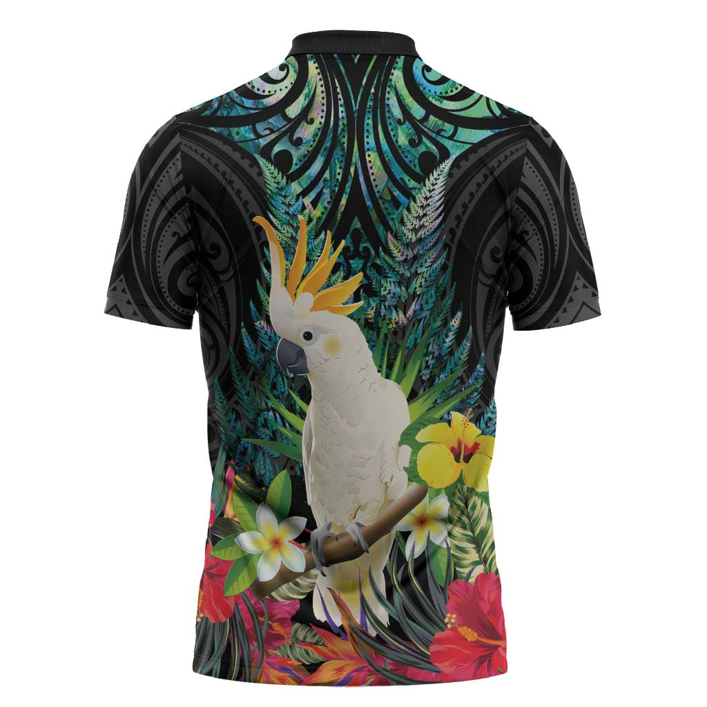 Sulphur-crested Cockatoo New Zealand Zipper Polo Shirt Paua Shell Aotearoa Maori Tropical Flowers - Polynesian Pride