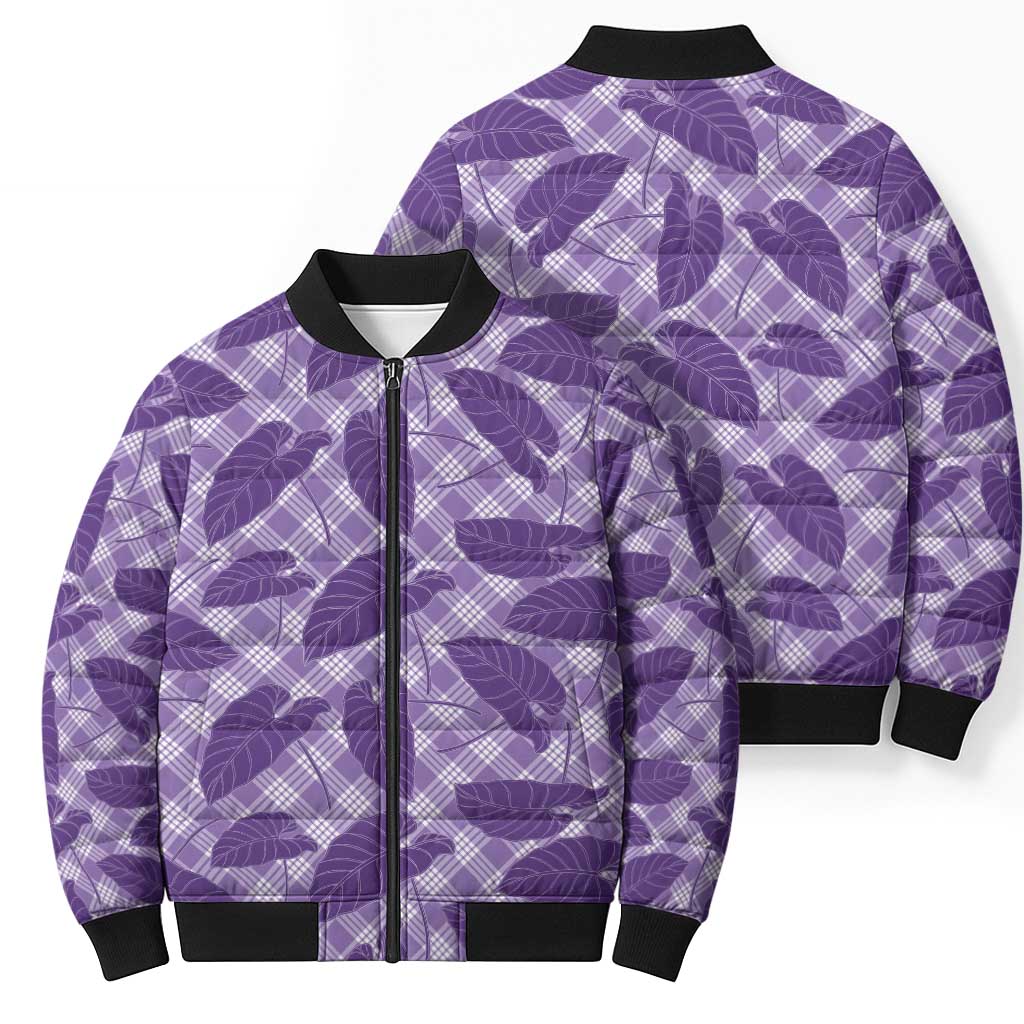 Purple Hawaii Kalo Palaka Motifs Bomber Puffer Jacket Hawaiian Taro Leaves Elegant Vibes - Polynesian Pride