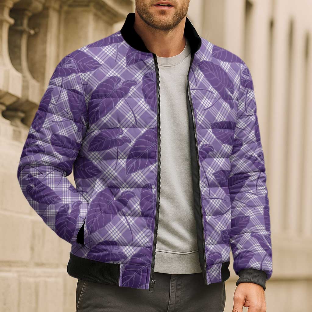 Purple Hawaii Kalo Palaka Motifs Bomber Puffer Jacket Hawaiian Taro Leaves Elegant Vibes - Polynesian Pride