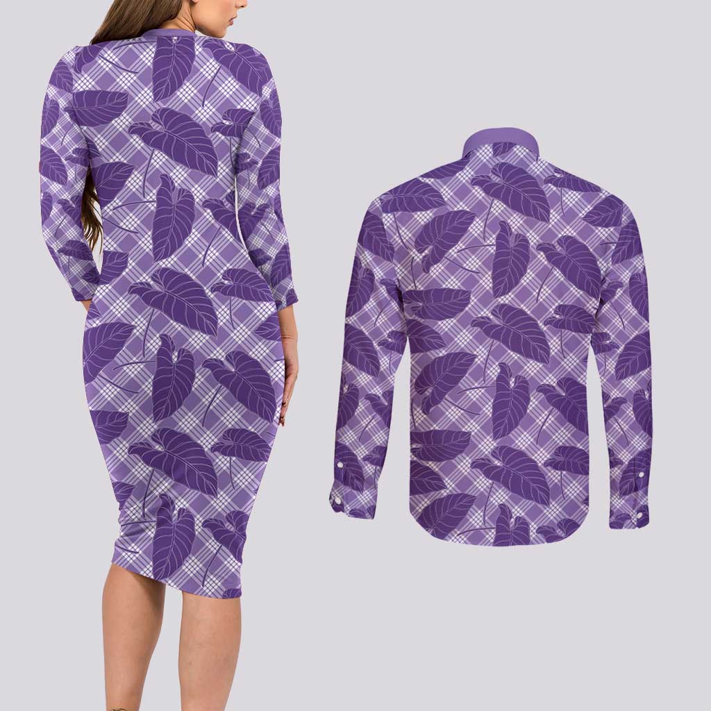 Purple Hawaii Kalo Palaka Motifs Couples Matching Long Sleeve Bodycon Dress and Long Sleeve Button Shirt Hawaiian Taro Leaves Elegant Vibes - Polynesian Pride