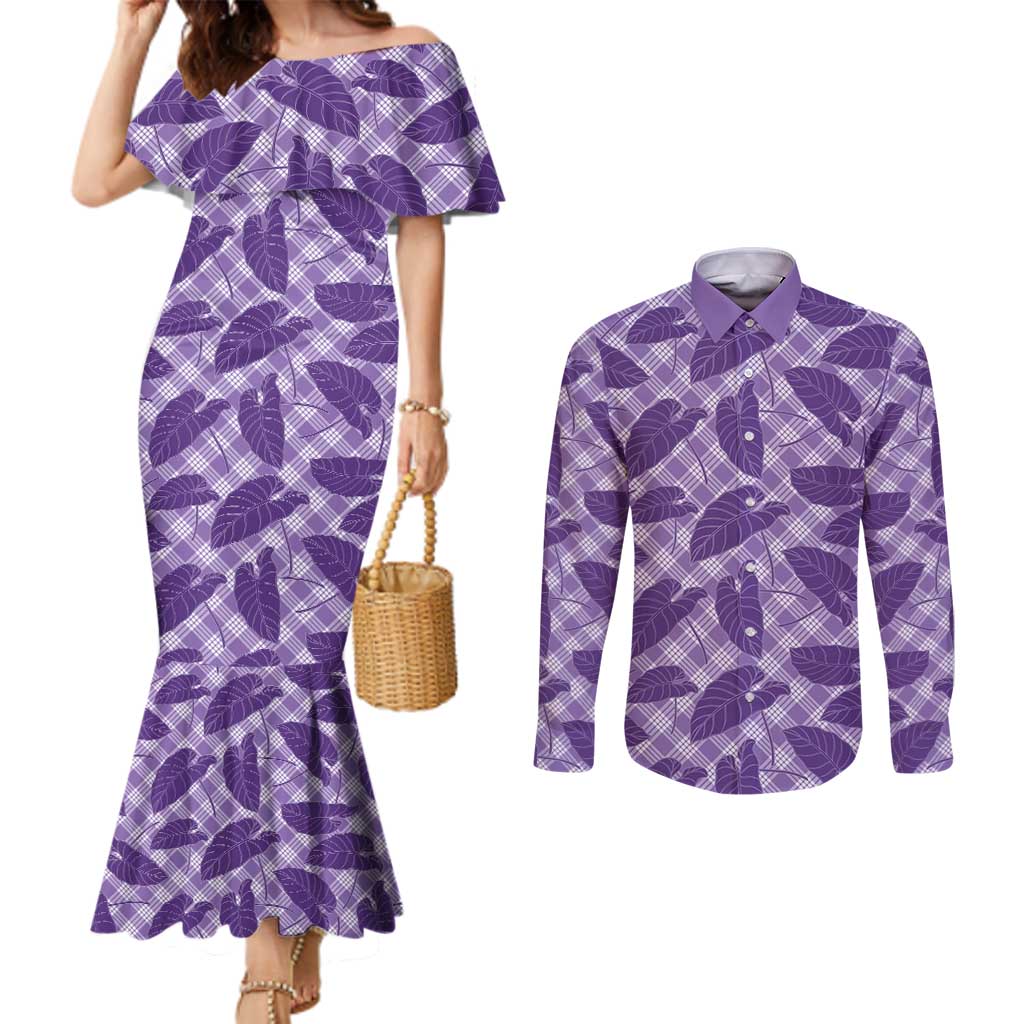 Purple Hawaii Kalo Palaka Motifs Couples Matching Mermaid Dress and Long Sleeve Button Shirt Hawaiian Taro Leaves Elegant Vibes - Polynesian Pride