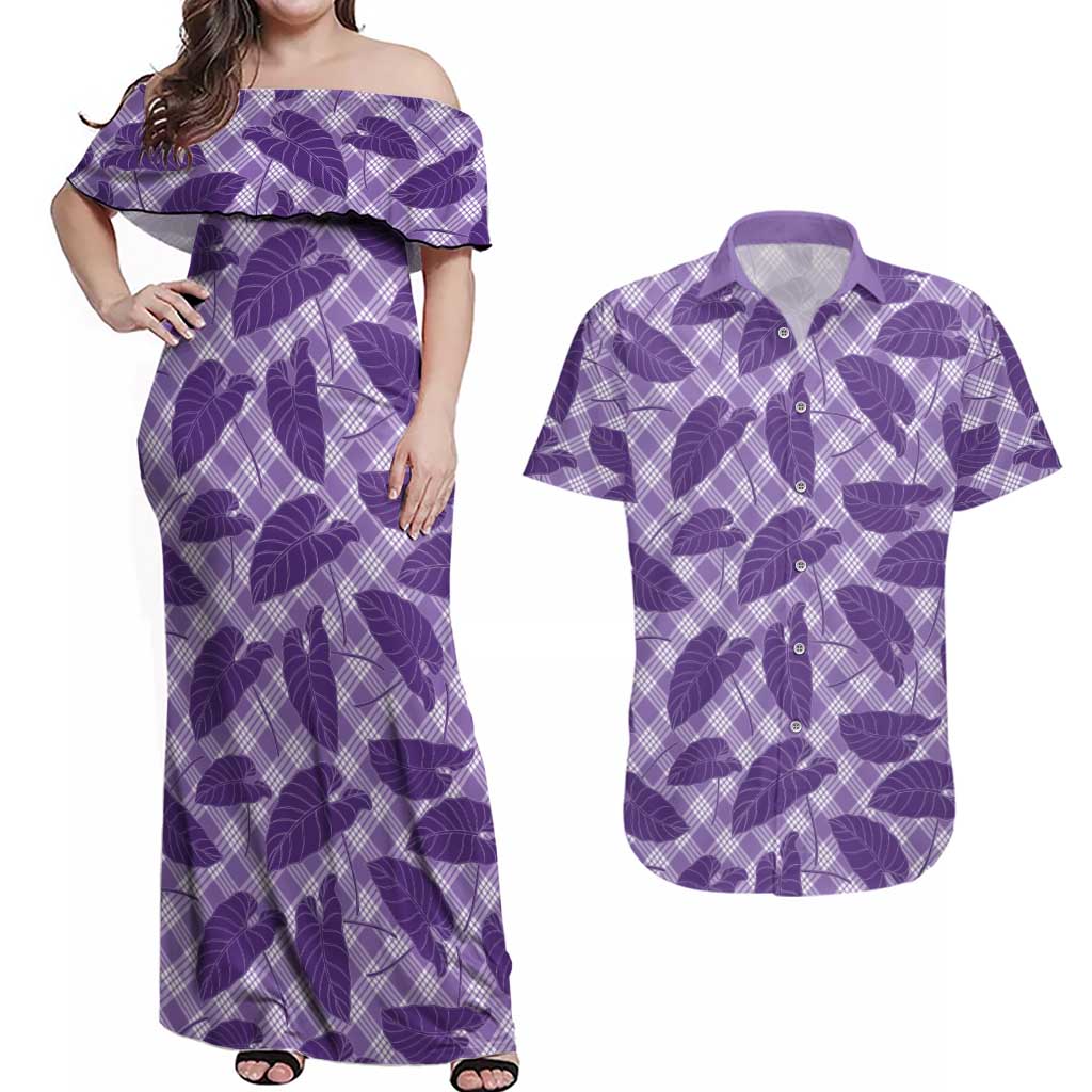 Purple Hawaii Kalo Palaka Motifs Couples Matching Off Shoulder Maxi Dress and Hawaiian Shirt Hawaiian Taro Leaves Elegant Vibes - Polynesian Pride