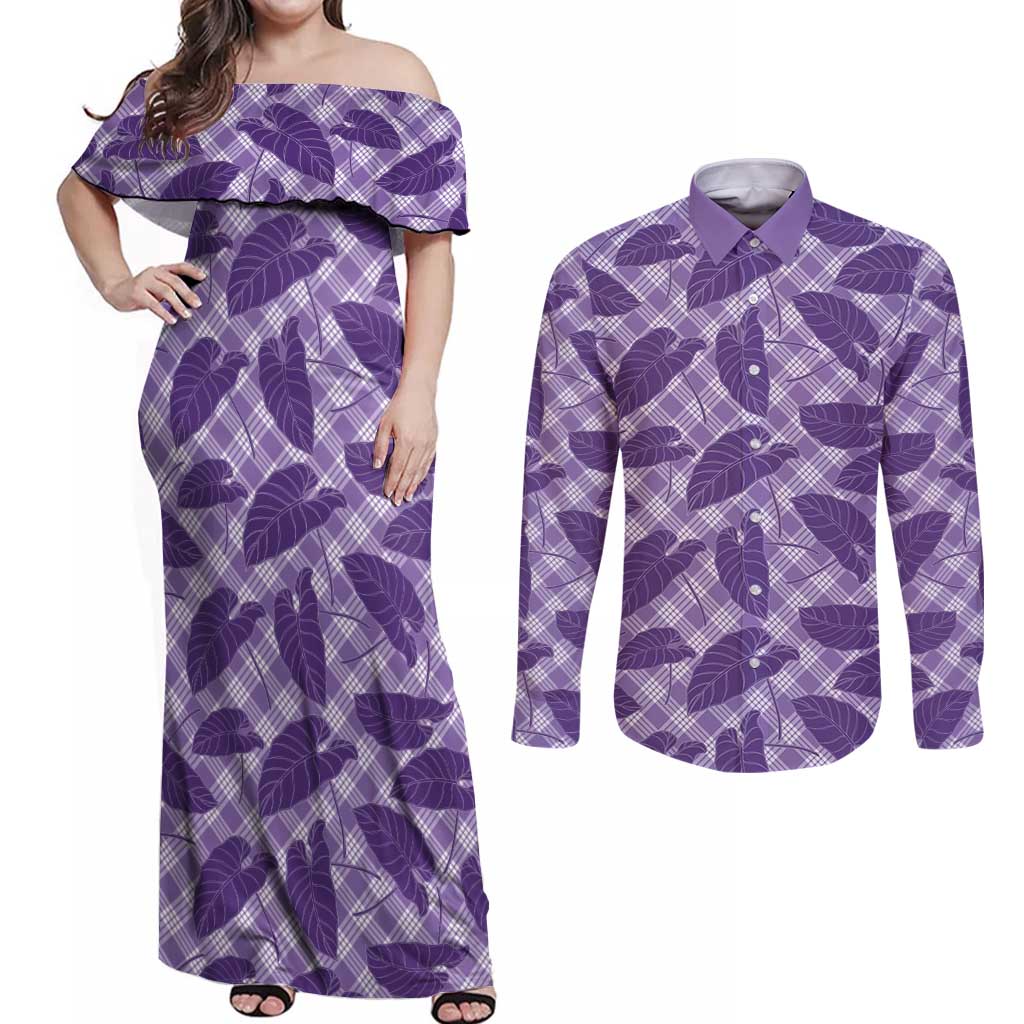 Purple Hawaii Kalo Palaka Motifs Couples Matching Off Shoulder Maxi Dress and Long Sleeve Button Shirt Hawaiian Taro Leaves Elegant Vibes - Polynesian Pride