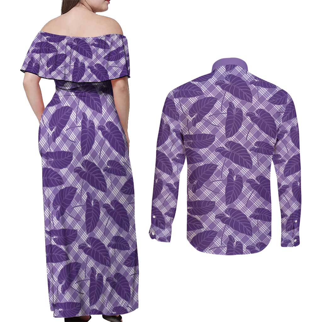 Purple Hawaii Kalo Palaka Motifs Couples Matching Off Shoulder Maxi Dress and Long Sleeve Button Shirt Hawaiian Taro Leaves Elegant Vibes - Polynesian Pride