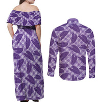 Purple Hawaii Kalo Palaka Motifs Couples Matching Off Shoulder Maxi Dress and Long Sleeve Button Shirt Hawaiian Taro Leaves Elegant Vibes - Polynesian Pride