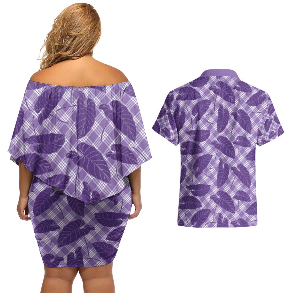 Purple Hawaii Kalo Palaka Motifs Couples Matching Off Shoulder Short Dress and Hawaiian Shirt Hawaiian Taro Leaves Elegant Vibes - Polynesian Pride