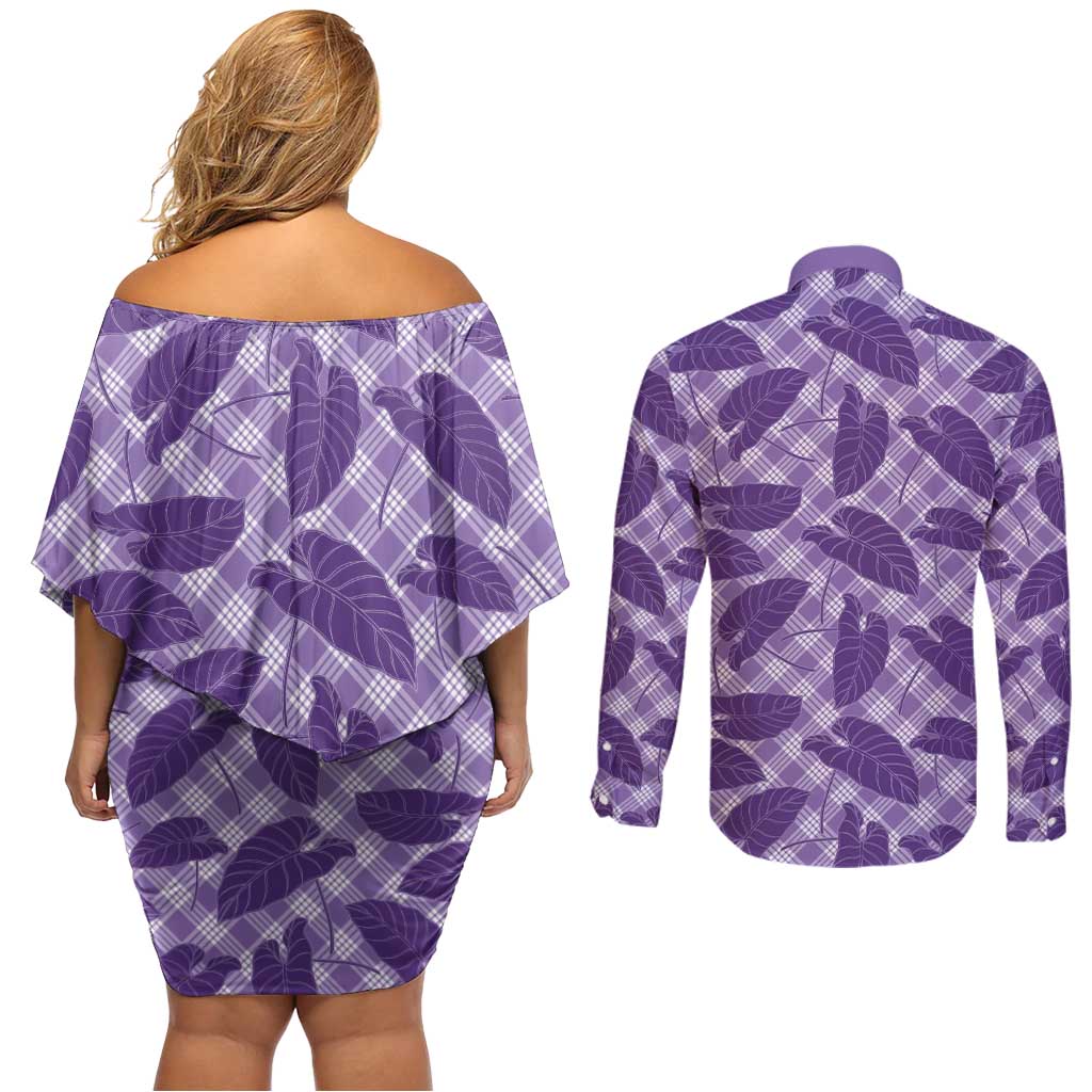Purple Hawaii Kalo Palaka Motifs Couples Matching Off Shoulder Short Dress and Long Sleeve Button Shirt Hawaiian Taro Leaves Elegant Vibes - Polynesian Pride