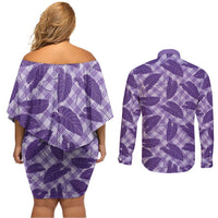 Purple Hawaii Kalo Palaka Motifs Couples Matching Off Shoulder Short Dress and Long Sleeve Button Shirt Hawaiian Taro Leaves Elegant Vibes - Polynesian Pride